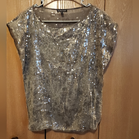 Eileen Fisher Tops - Eileen Fisher 100% Silk Rye Grey Bateau Neck Sequin Shimmer Top – Size Medium